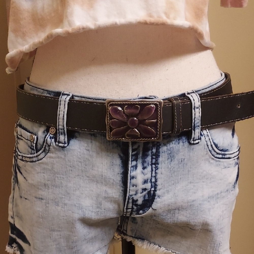 Black Leather Belt with Purple Buckle